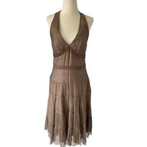 Cache Metallic Bronze Halter Dress Size 4